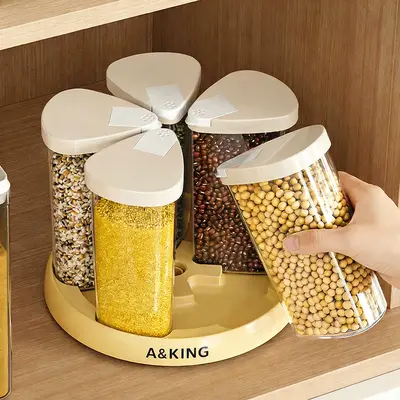 UFORU Rotating Divided Storage Jar - Airtight Moisture-Proof Transparent Container for 5-Grain Rice, Cereal Access Alternative for Grain Organization, Home Kitchen Solution, Home Decor