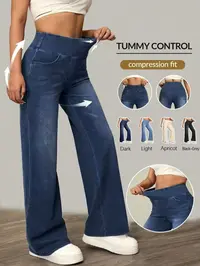 Women's High-Waisted Long Elastic Denim Jeans Wide-Leg Pants, Comfortable Stretch Waist, Fit, Casual Daily Everyday Wear, Durable Material