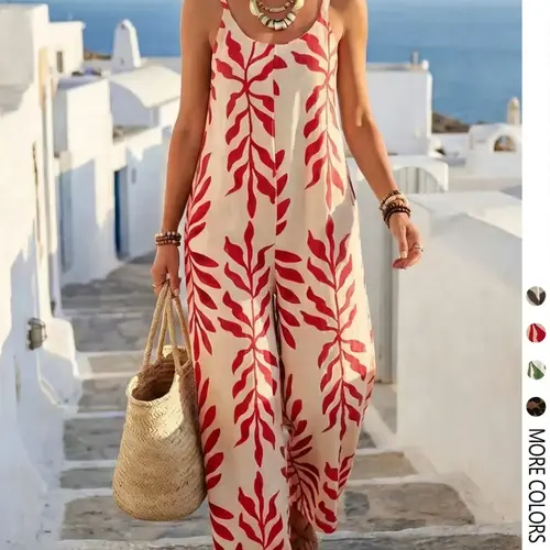 Women's Casual Chic Bohemian Printed Loose One-Piece Jumpsuit, Summer Fashion Sleeveless Jumpsuit, Comfortable and Stylish Boho Overall, Casual Sleeveless Overalls, Casual Jumpsuits, Casual Comfy Jumpsuit, Loose Fit Overall, Casual Style Jumpsuit