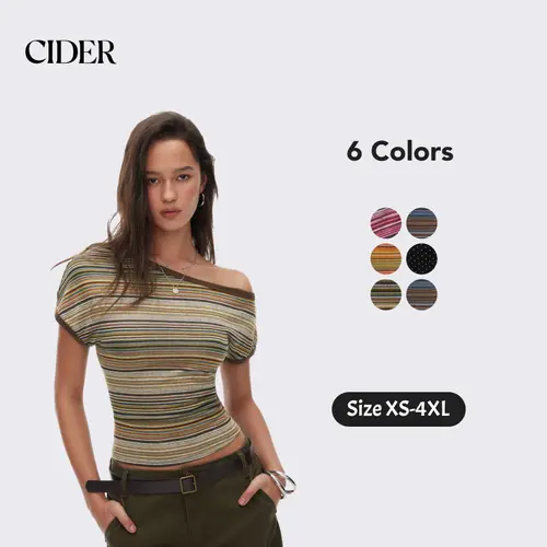 Cider Striped Asymmetrical Neck Short Sleeve Top Casual Womenswear Vintage Style