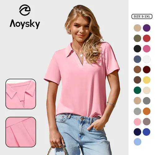 Aoysky Women's Washed Look Polo Shirt, Stylish Fitted V-Neck Top in Lightweight Breathable Polyester, Short-Sleeve Business Casual, Shortsleeve, Minimalist,back to school,back to school shopping,sohochic