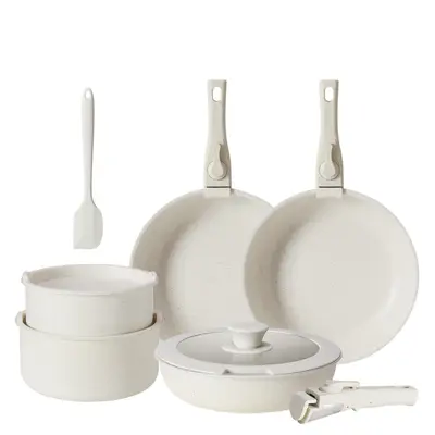 Sweetcrispy 12-Piece Granite Nonstick Cookware Set, Detachable Handle, Stackable, Induction Safe, PFOA-Free, Scratch-Resist Coat, Sturdy Aluminum Resists Daily Wear, Stain-Resistant, Includes Silicone Utensils