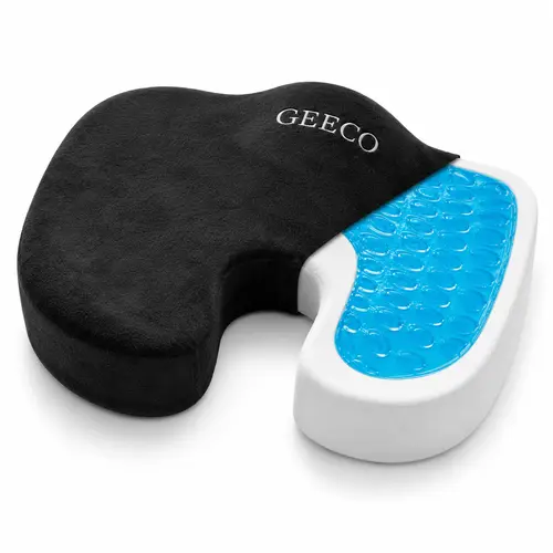 GEECO Cool Gel Seat Cushion Pad - Compact Ergonomic Memory Foam Pad with Tailbone Support, Stable Design, Stress Relief, Machine-Washable Cover for Family, Coworker - Office Desk Chair, Long Travel Car Use
