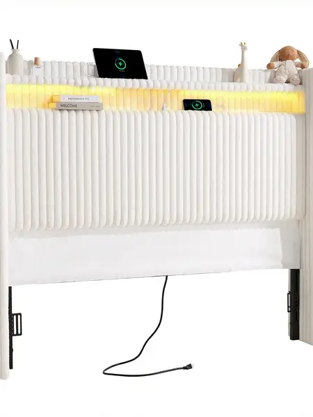 【BackToSchool】ONBRILL 54" Tall Corduroy Upholstered Queen Size Wingback Headboard - Furniture with LED Color Changing Light, USB Charging Station, Storage Pockets, High-Density Sponge Padding, Bed Frame Compatible for Modern Bedroom Bedroom Items, Room De