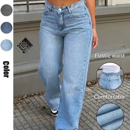Women's Fashion Wide Leg Jeans Pants, Elastic Waist Design, Mid Waist Comfortable Daily Wear, Casual Loose Fit, All Seasons