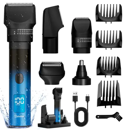 HATTEKER Men's 5-in-1 Cordless Quiet Electric Trimmer Kit - Smooth Stainless Steel Beard Trimmer, Adjustable Foil Razor, LED Digital Display, Charging Dock, Waterproof Body, Nose & Ear Groomer, Cool Guy Gifts