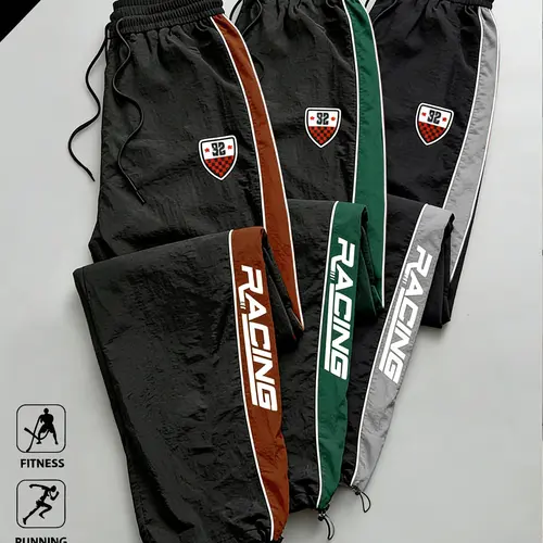 3-pack stylish drawstring jogger pants with side stripes, color-block design, tapered cuffs, loose fit, retro athletic straight-leg cut, breathable fabric, suitable for summer, street-style joggers, practical and versatile Casual
