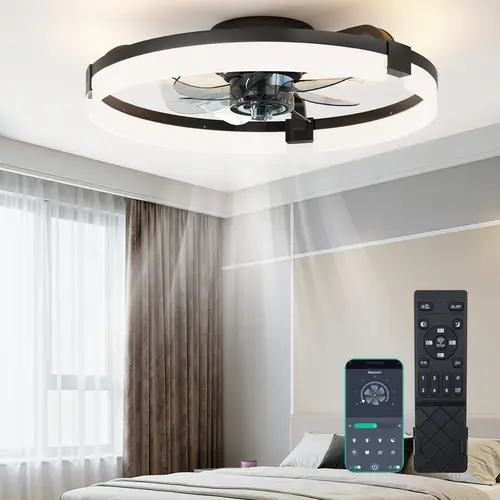 Low Profile Ceiling Fans with Lights and Remote, 3000K-6500K Smart Bladeless LED Fan Light, Black Modern Ceiling Fans with Lights for Bedroom