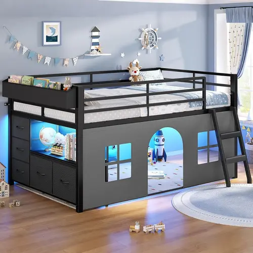 Sikaic Twin Low Loft Bed with Tent, 5 Storage Drawers, LED Lights & Bookcase, Metal Loft Bed Frame with 13.8" High Safety Guardrail, Inclined Ladder, Under-Bed Play Space, Black, Home Furniture Christmas Gifts [SohoChic]