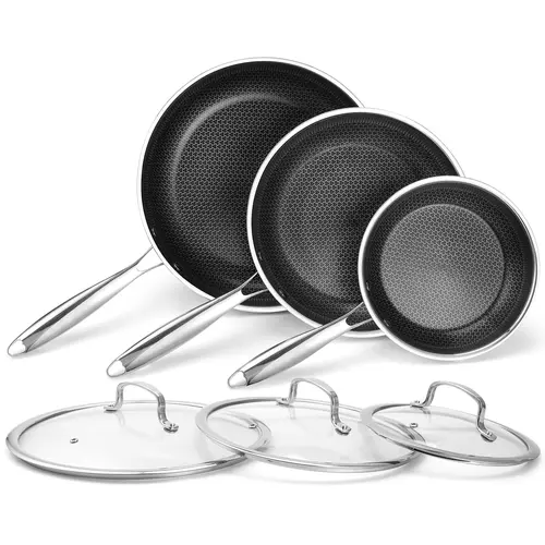 TIBBICC 6-Piece Nonstick Frying Pan Set with Lids - 8/10/12 Inch Hybrid Stainless Steel Skillets, Stay-Cool Handles, PFOA-Free, Dishwasher & Oven Safe, Compatible with All Cooktops, Healthy & Less Oil Cooking Set,sohochic