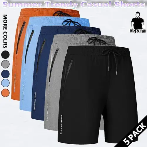 Men's 5-Pack Quick Dry Tech Gym Workout Shorts Pack, Big & Tall Athletic Fitness Sportswear, Summer Casual Bottoms with Zipper Pockets, Gym Short