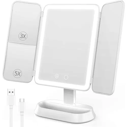 Tri-fold Travel Makeup Mirror with 48 LED Lights, 2X/3X/10X Rechargeable Vanity Mirror with Light,Portable Magnifying Mirror with Light,Stepless Dimming and Touch Control Table Mirror, Perfect Gift for Mother's Day,sohochic