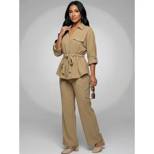 VVZ Women's 2-Piece Shirt Outfit, Roll-Up Sleeve Open Front Collared Blouse with Flap Pockets & Drawstring Waist + Elastic High Waist Wide Leg Pants, Polyester Spandex Textured Fabric Vintage Casual Commuter Set Clothes Womenswear, Button, Everyday