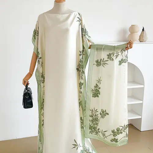 Women's Elegant Chic Silk Plant Print Floral Dress Set, Long Robe Shawl + Scarf, Beach Sun Protection Satin Wrap, All Seasons Fashion Elegance, Smooth, Casual Boho Style Floral Printed Elegant