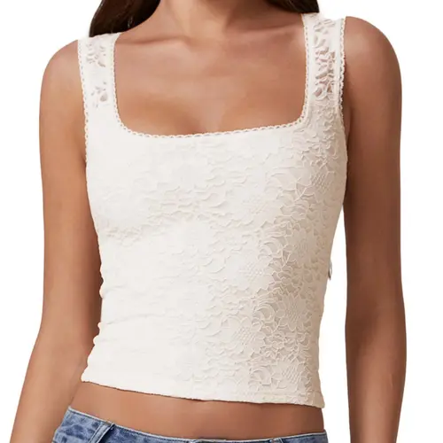 QINSEN Women's Lace Trim Square Neck Sleeveless Double-Layer Tank Top