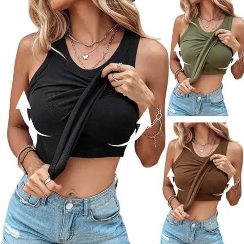 Women's Polyester Elastane Ribbed Knit Skinny Fit Tank Top - Sleeveless, Round Neck, Built-in Bra, Breathable, Comfy, Basic Daily Wear Ribbed Knit Women's Tanks & Camis