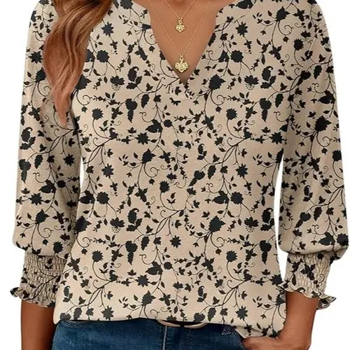 Women's Casual Floral Tunic Top, V-Neck Blouse with 3/4 Sleeves and Smocked Ruffle Cuffs, Breathable Loose Fit for Spring