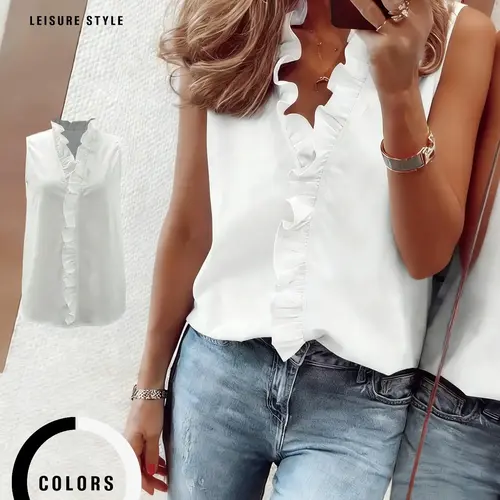 Women Solid Ruffled V-Neck Sleeveless Top, Loose Fit Casual Commuter Daily Outfit Womenswear Piece