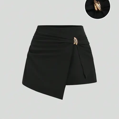 Women's Black Metal Buckle Decor Cinched Waist Fit A-Line Skirt Shorts, Elegant Minimalist Style For Commute, Office, School, Graduation, Casual Outings, Daily Wear Womenswear Lady A Line Skorts, Skirt With Shorts