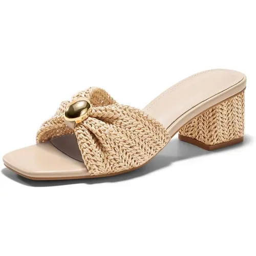 Coutgo Womens Low Chunky Block Heels Raffia Sandals Square Open Toe Slip On Slides Summer Beach Dress Shoes Footwear Girl