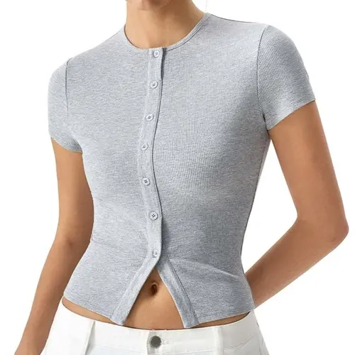 QINSEN Women's Crewneck Short Sleeve T Shirts Ribbed Button Going Out Trendy Tops