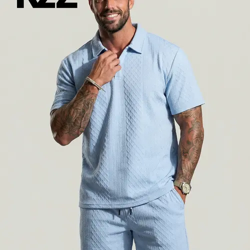 KZZ Men's Solid Polo Shirt & Drawstring Waist Shorts Set Cozy Breathable Two-piece Outfits for Daily Outdoor Wear Menswear Suits,sohochic