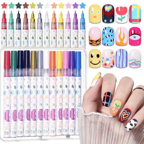 Beetles Gel Polish Nail Art Pen Multi-Pack - 12 Fashion Colors Quick-Drying Acrylic Ink Pens with 0.5mm-0.7mm Painting Tips, Shake Mix Tip, Smooth Flow, Portable Travel Size for DIY Manicure Artwork, Fine Control, Polka Dot Compatible