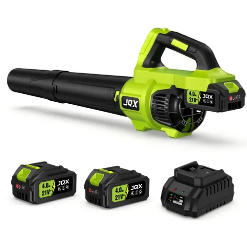 JQX Cordless Electric High Speed Blower - 21V 4000mAh Battery with Quick Charger, Turbo Dual-Speed Motor, Lightweight Handheld Brushless Blower with Extended Nozzle for Clearing Leaves, Snow, Brushless Cordless Blowers