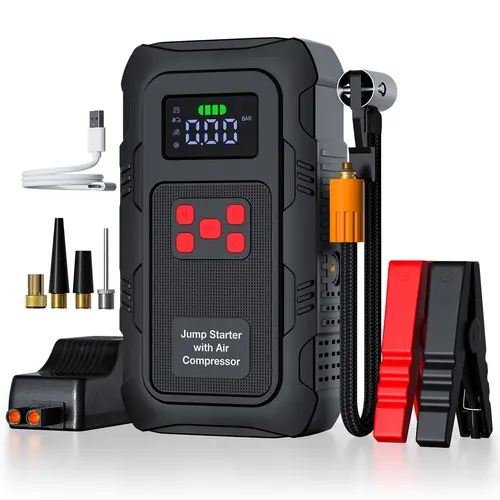 HPBS High-Quality Portable Car Jump Starter with 150PSI Inflatable Air Compressor, Digital Tire Inflator Display, LED Light, Emergency Help Feature, Fast Charging Rechargeable Power Bank for 12V Cars, Outdoors,toolupgrade