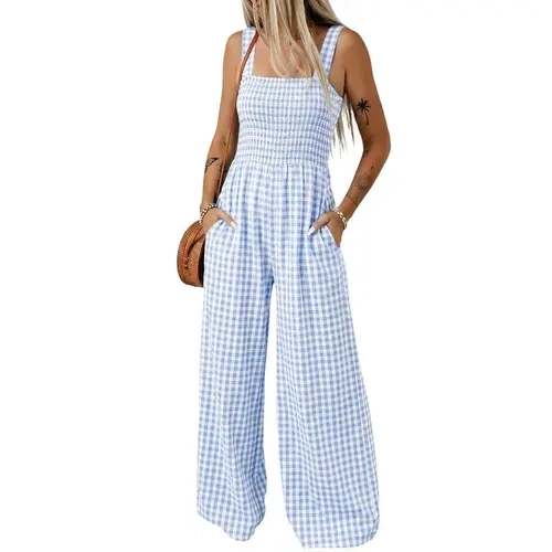 DOKOTOO Women's Casual Loose Overalls Jumpsuits One Piece Sleeveless Smocked Gingham Striped Wide Leg Long Pant Rompers