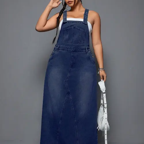 Plus Size Backless Sleeveless Long Denim Dress, Loose-Fit Vintage Washed Denim Dress with Frayed Hem, Casual Summer Dress for Everyday Wear, Flattering Womenswear Piece