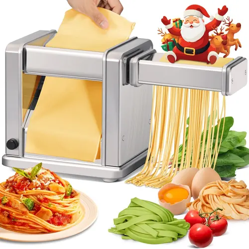 Summerwins Electric Pasta Maker - Stainless Steel Kitchen Cooking Accessories with 60W Quick Pressing, Built-In Motor, Adjustable Roller-Cutter, 7 Thickness & 2 Width Options, Roll & Cut Control for Noodles Prep