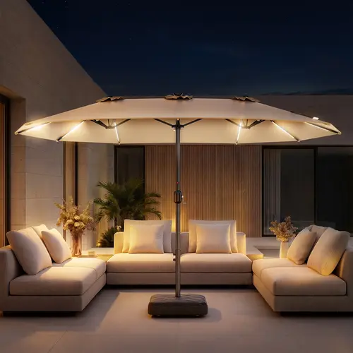 [15ft Extra Large] Double-Sided Patio Umbrella with Crank & LED Lights - Large Steel Frame, UV Protection, Metal Base Included, Modern Decorative Lighting,  For Patio Garden Pool Lawn Backyard, Summer Vibes summerwins