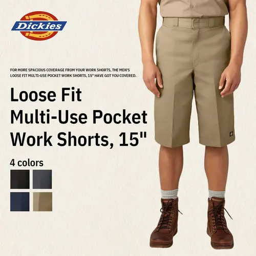 Dickies | Loose Fit Multi-Use Pocket Work Shorts, 15"Two-Piece Waistband,Utility Pockets,Wrinkle Resistant,Stain Release, Classic Workwear Style