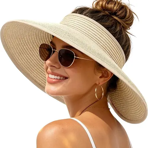 CUBIDUPI Women's Wide Brim Straw Sun Visor Hat, Foldable Packable Beach Travel Hat with Ponytail Opening, Lightweight Summer UV Sun Hat for Vacation, Pool, Golf & Outdoor Wear