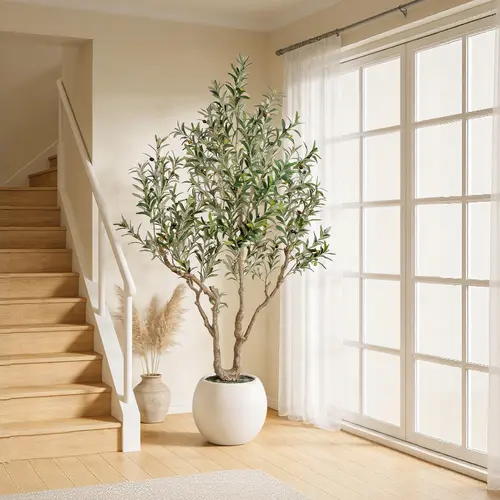 7ft / 8ft Artificial Olive Tree – Lifelike Fruit, Natural Wood Trunk, Moss-Decorated White Pot, Perfect for Home & Office