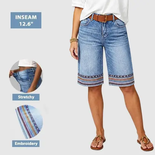 Flamingals Embroidery Mid Waist Bermuda Shorts Womenswear Summer Vibes