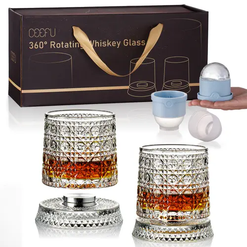 Luxury Spinning Crystal Glass Drinkware Gift Set – 2 Glasses+2 Ice Ball Molds+Gift Box,  Rotating Whiskey Glass Gift Set for Boyfriend, Father, Adults, Perfect for Halloween  Parties, Thanksgiving & Christmas Gifts
