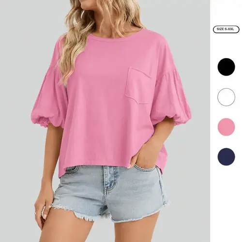 Imily Bela Womens Puff Short Sleeve T Shirts Summer Casual Crew Neck Tops Loose Fit Shirts with Chest Pocket