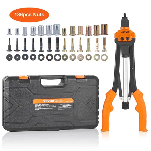 【toolupgrade】VEVOR Industrial Heavy Duty Rivet Nut Tool, 16-in Hand Riveter Kit with Rubber Grip, 13 Mandrel Sets, Auto Release, 186PCS Rivet Nuts (M3-M12, 1/4-20 to 10-24), Hardware Hand Tool, Hand Tools