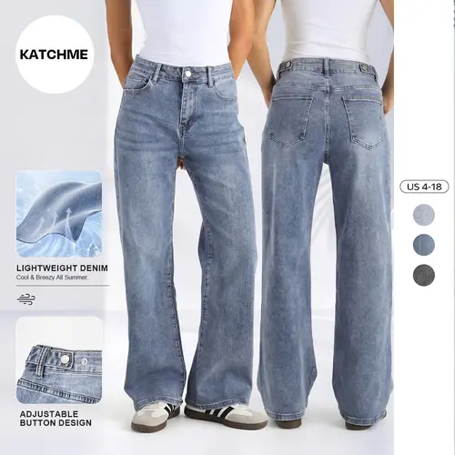 Katch Me Chic Women's High Waist Multi-Pocket Adjustable Button Wide Leg Jeans, Stretchy Soft Pants, Durable Denim Trousers for Daily Wear, Simple Style Wrinkle-Resistant Bottom, Casual Streetwear