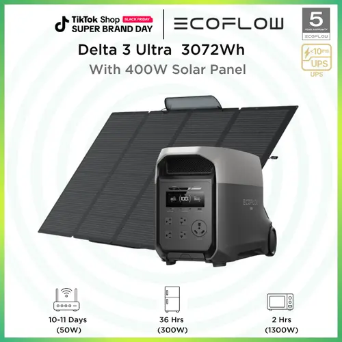ECOFLOW DELTA 3 Ultra with 400W Solar Panel, 3072Wh LiFePO4 Battery, 3600W (Surge 7200W) Output, Solar Generator for Home Use, Camping Accessories, Emergencies & RV Backup