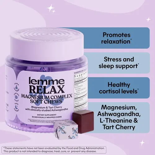 Lemme Relax Soft Chews with Magnesium Glycinate & Citrate, KSM-66 Ashwagandha + L-Theanine to Support Stress Relief, Cortisol Levels, Mood & Healthy Sleep Cycles, BlackBerry Lemonade (30 Chews)