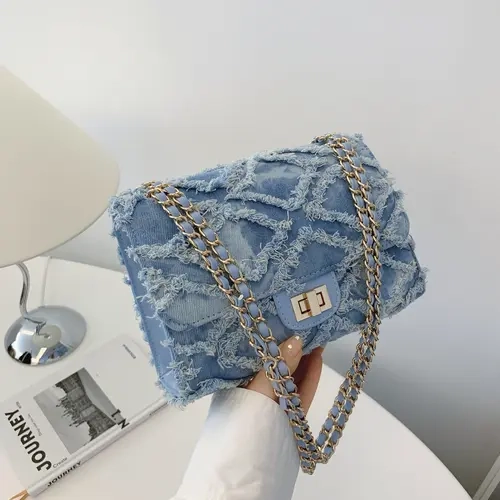 Women's Fashionable Denim Chain Strap Shoulder Bag, Elegant Solid Color Raw Edge Handbag, Trendy All-match Commuter Bag for Daily Used, Denim Shoulder Purse