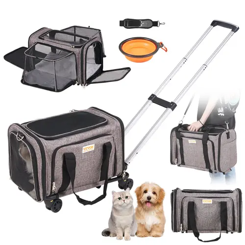 【Summerfinds】VEVOR Airline-Approved Rolling Pet Carrier with Wheels, Telescopic Handle, Shoulder Strap, Zipper, Fabric, Hook-and-Loop, 1 Folding Bowl, 17.5x11.2x11.4 in, Convertible to Carrier Backpack for Cats & Dogs,toolupgrade