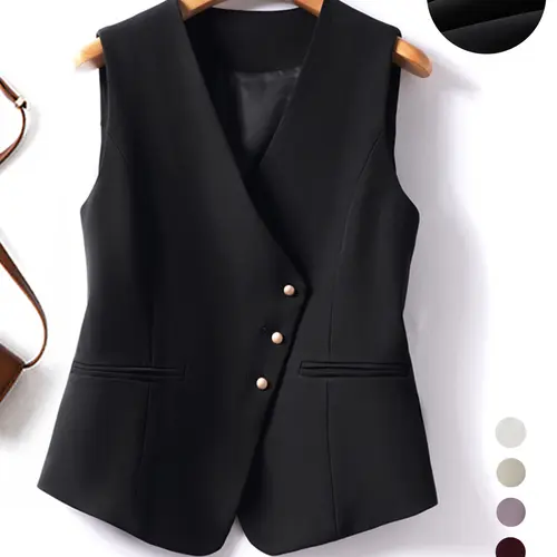 Minimalist Women's Basic Solid Color Fitted Asymmetric Button-Front Blazer Vest, Elegant Chic V-Neck Sleeveless Outerwear, Spring & Fall Work Office Clothes Business Vest