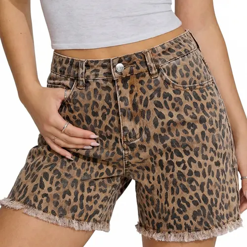 luvamia Jean Shorts for Women Trendy High Rise Mid Thigh Cheetah Leopard Print Raw Hem Stretch Denim Casual Summer Jorts