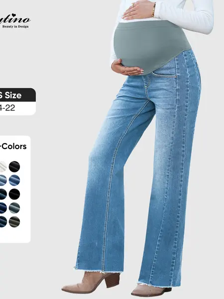 Eytino Maternity Jeans for Women Straight Leg Stretchy Denim Ripped Pregnancy Boyfriend Jean