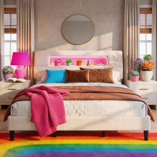 【882Lbs Capacity】Sturdy Construction King/Queen Size Bed Frame with 105° Ergonomic Storage Headboard, Upholstered Bed Frame with LED Lights & Charging Station, Unique Open-Design, NO Noise, Easy Assembly, No Box Spring Needed,Beige