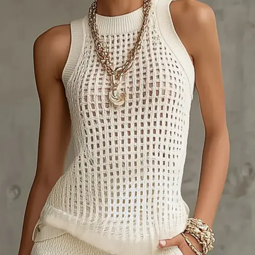 Elegant Hollow Out Knit Vest for Women, Sleeveless Round Neck Breathable Slimming, Versatile Elastic Casual Underwear Top Womenswear, Modern Tank Top, Casual Sleeveless Tops